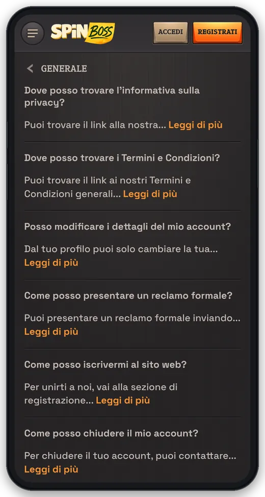 Centro assistenza SpinBoss da mobile: domande frequenti della sezione Generale